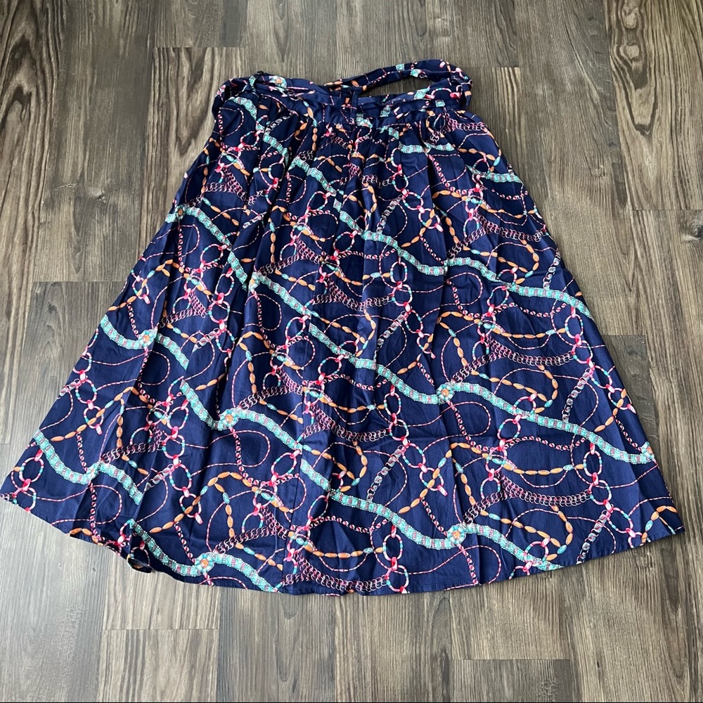 Umgee Blue Geometric Print Button Front Paper Bag Waist Knee Length Skirt - Picture 6 of 13